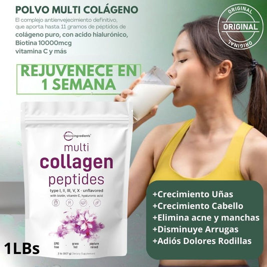 MULTI-COLAGENO 8 en 1 |  Péptidos de colágeno hidrolizados | Tipo I, II,III,V,X con Biotina 10000mcg, Ácido Hialurónico, Vitamina C
